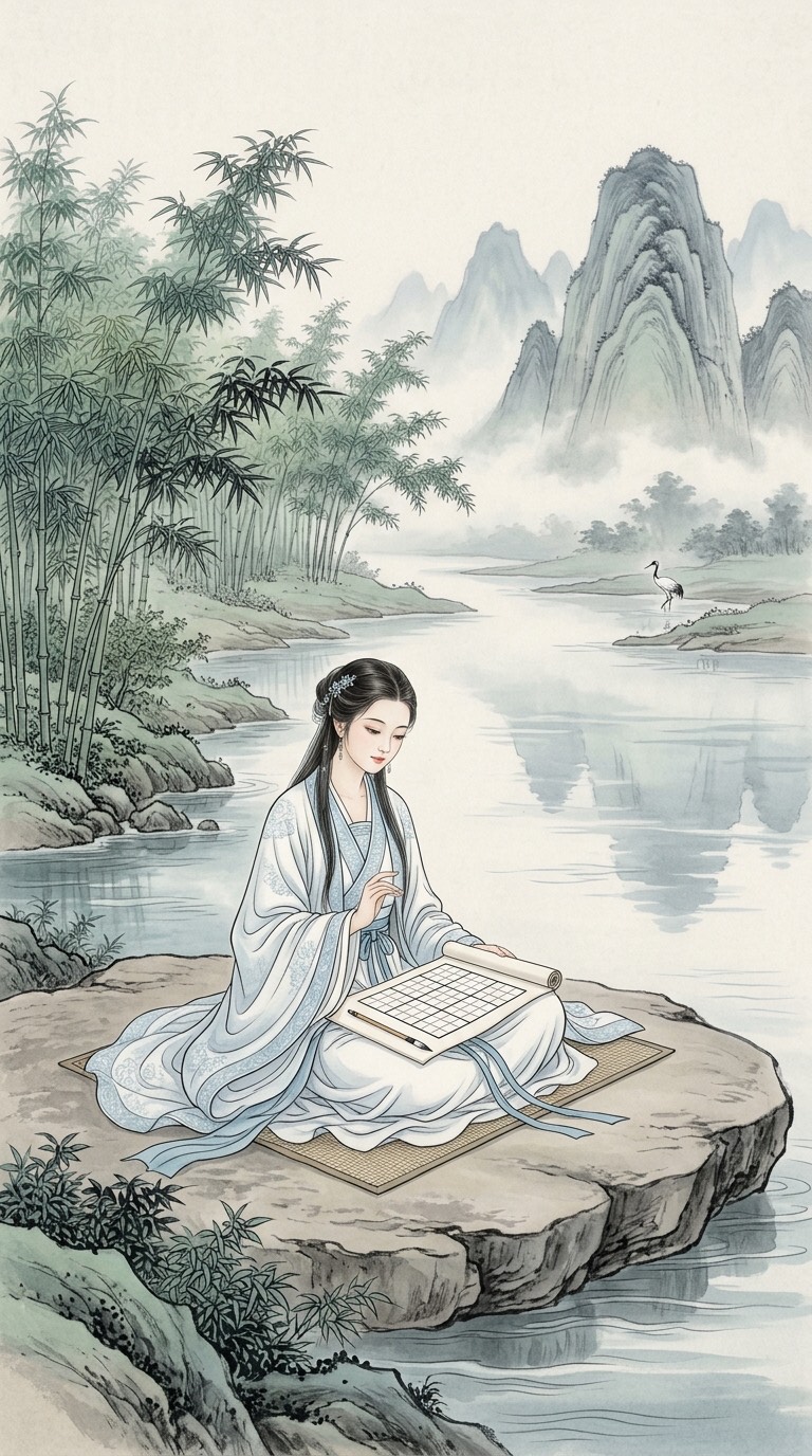 An ink painting of a woman by a river, solving a Sudoku on a scroll